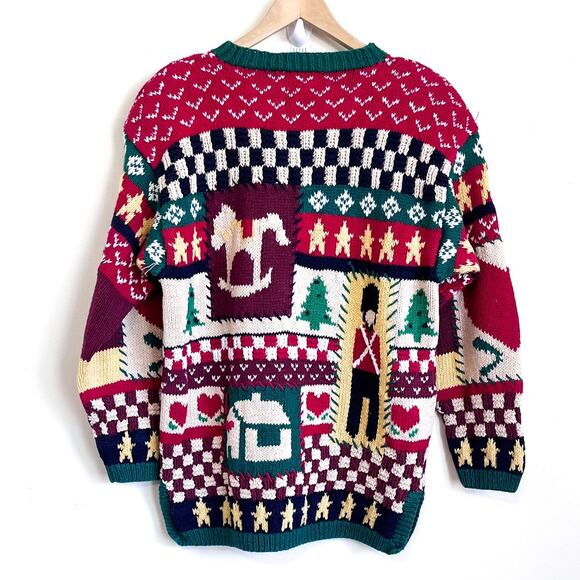 VTG 90s The Eagles Eye Hand Knit Ugly Christmas Sweater Size M Patchwork Holiday - Picture 2 of 13